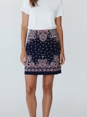 Talbots Navy Paisley Border Mini Skirt with Pink Accents